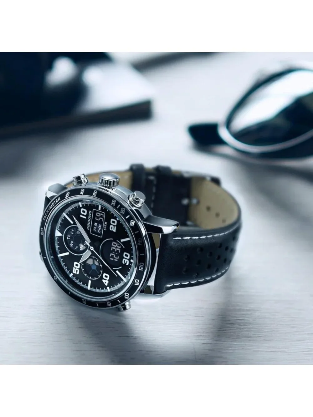 Men's All Black Analog Leather Waterproof Military Multifunctional Digital Watch